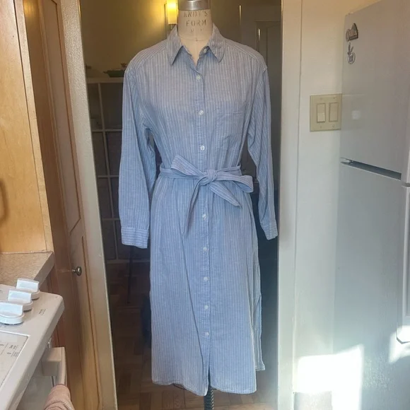 H&M Light Blue Pinstripe Midi Shirt Dress - Picture 2 of 8